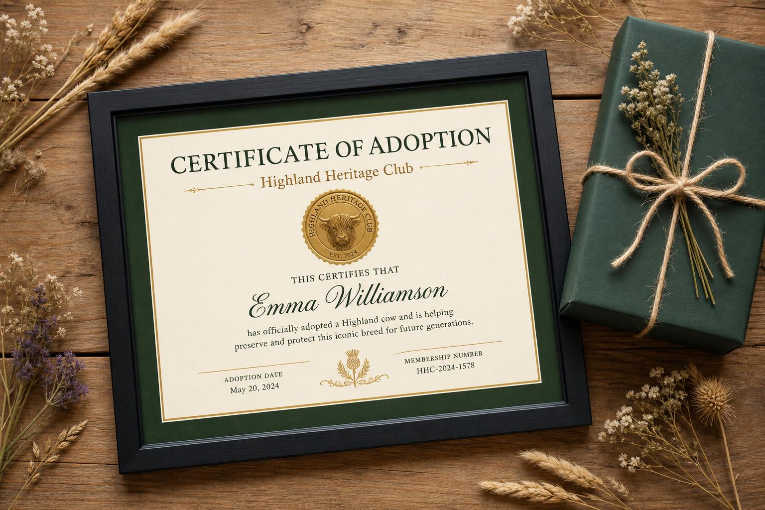 Highland Heritage Club adoption certificate and welcome package